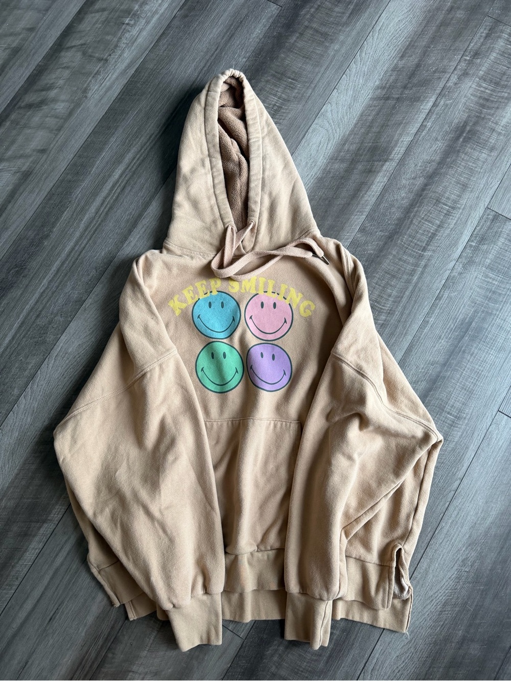 AE American Eagle Big Hug Graphic Hoodie in Sand Women’s Sz S Oversized Cozy